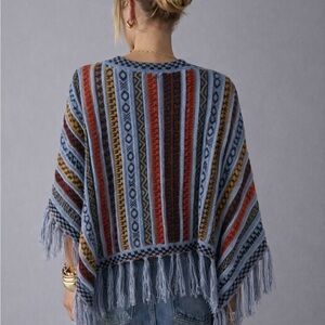 Boho Knit Fringe Sweater Poncho – Multicolor Tribal Pattern – One Size